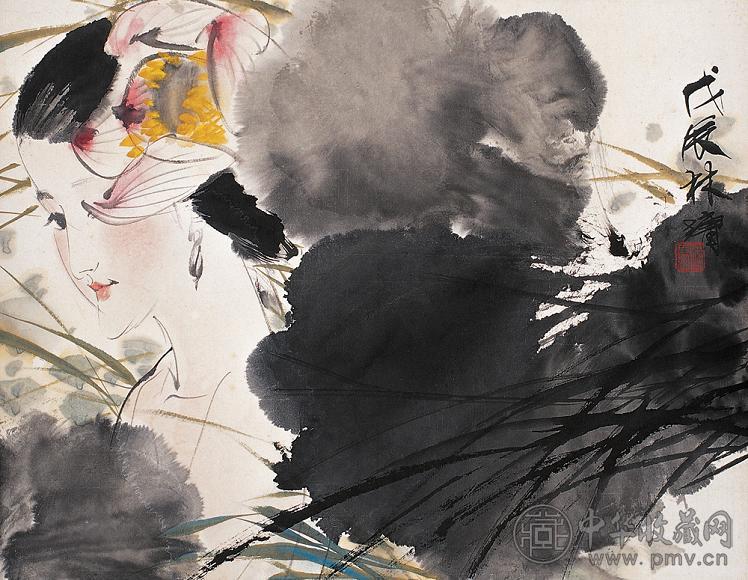 林墉 荷花少女 立轴 设色纸本