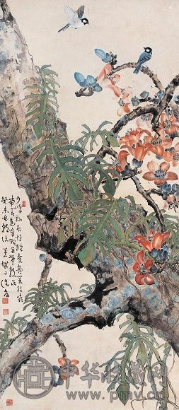 司徒奇 红棉翠鸟图 立轴 设色纸本