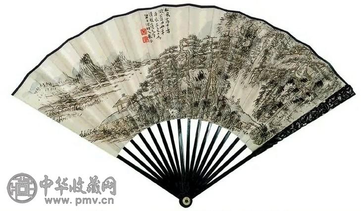 民国 秦仲文 山水、书法 扇面 设色纸本