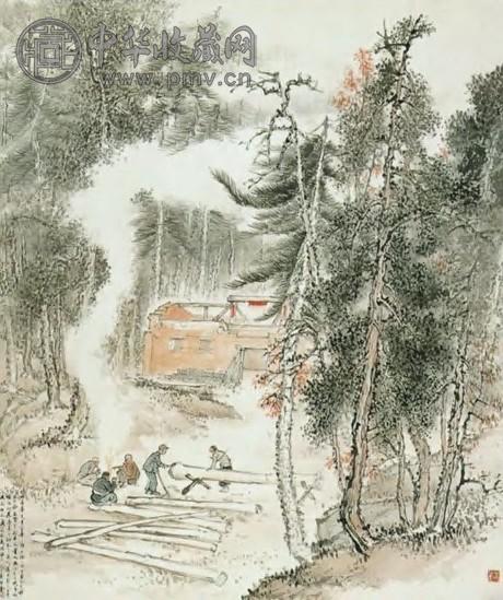 石鲁 现代 伐木图 镜心