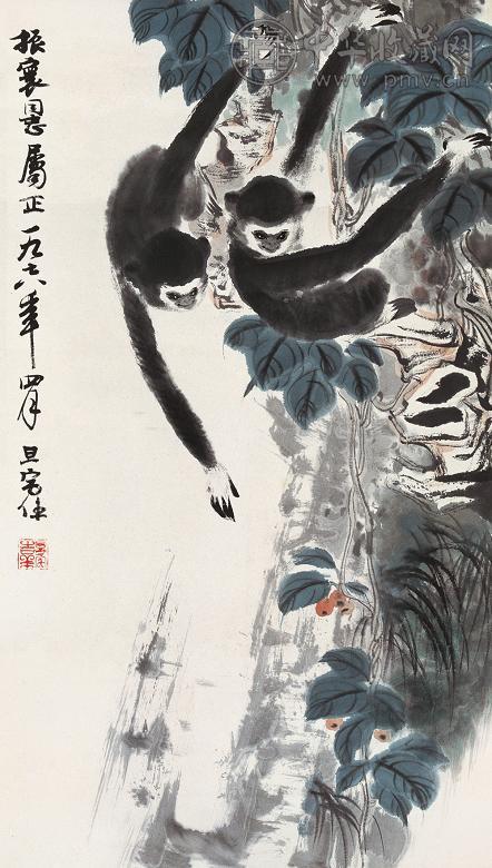 刘旦宅 双猿图 立轴 设色纸本