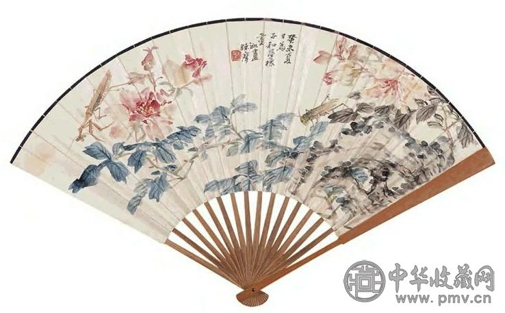 陈摩 癸未(1943年)作 花卉草虫图 成扇 设色纸本