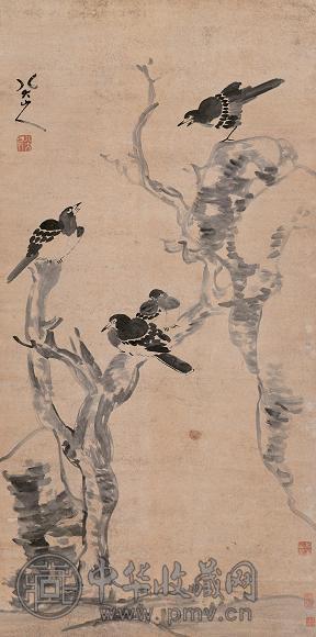 八大山人 枯木四喜图 立轴 水墨纸本