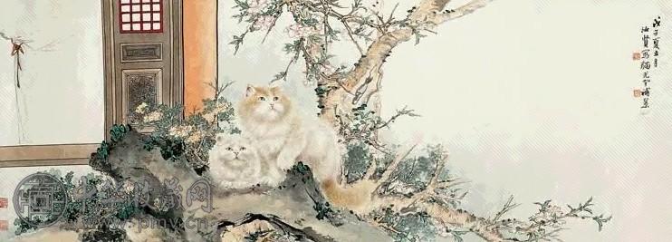 现代 曹克家 碧桃双猫 幅