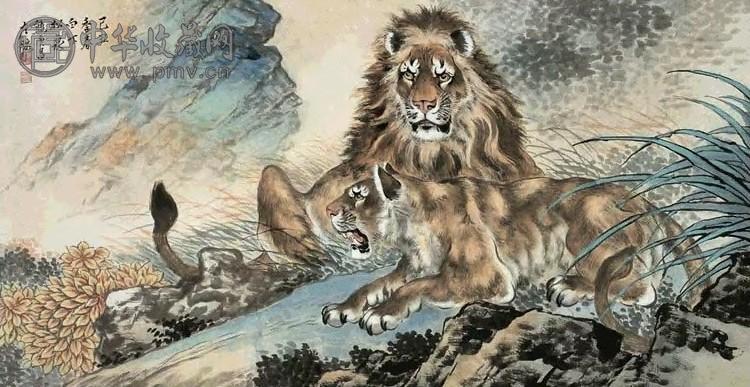 熊松泉 1949年作 双狮 横披 设色纸本