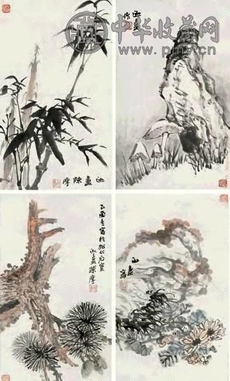 陈摩 1945年作 园圃课植 一堂四幅 设色纸本