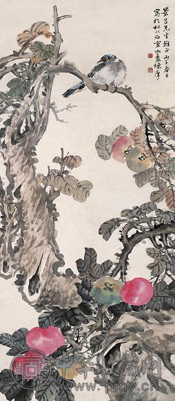 陈摩 丙子(1936年)作 花鸟 立轴 设色纸本