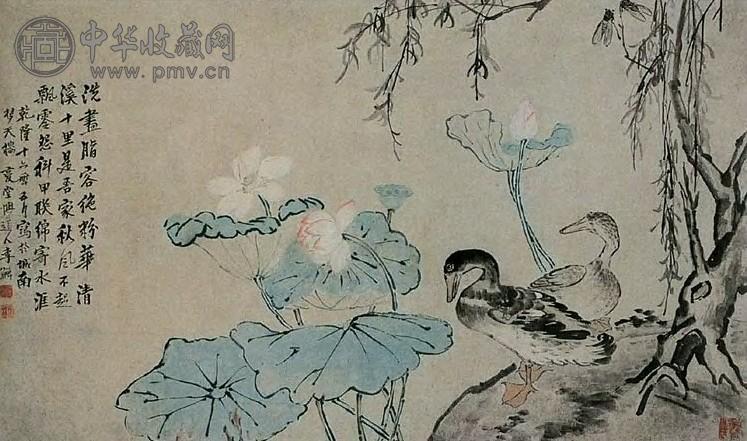李鱓 乾隆(1751年)作 荷塘游鸭 立轴 设色纸本