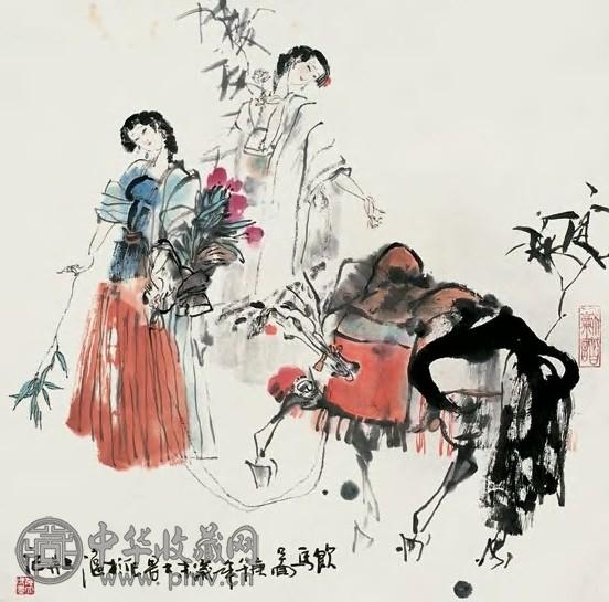 施大畏 庚午(1990年)作 饮马图 镜心 设色纸本