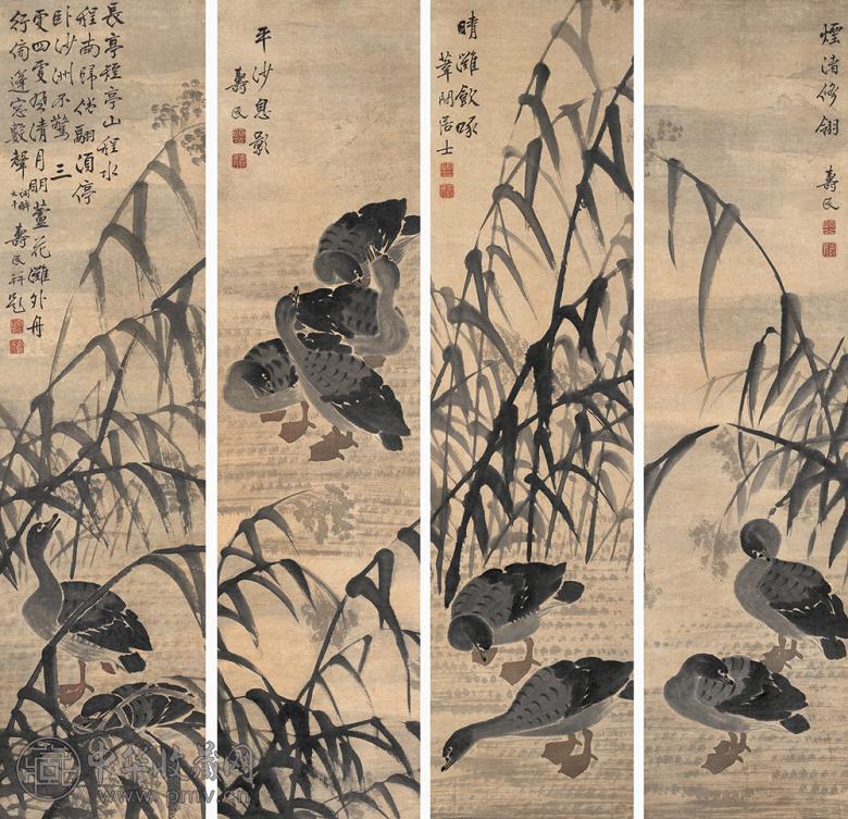 边寿民 芦雁图(4幅) 四屏 设色纸本