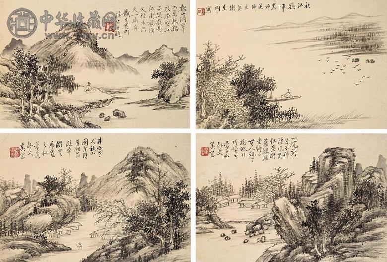 奚冈 山水 册页(8开选4) 纸本