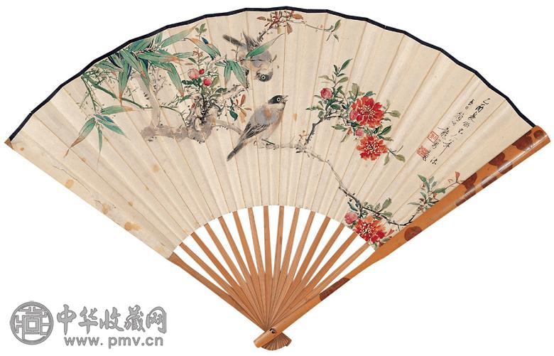 颜伯龙 1945年作 花鸟 成扇 设色纸本