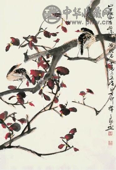 韩天衡 1987年作 花卉双禽图 单片 设色纸本