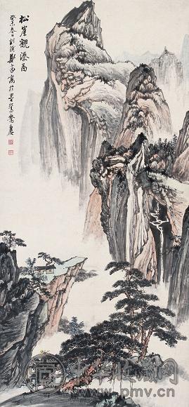 郑午昌 松崖观瀑图 立轴 设色纸本