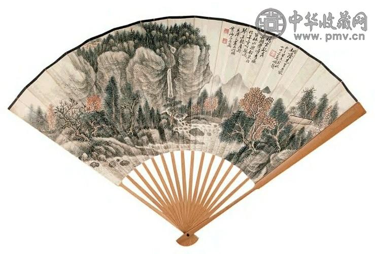吕万 叶恭绰 1883年作 山水 行书 成扇 设色纸本