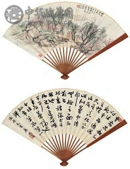 樊浩霖 柳溪访友图 草书 扇面 设色纸本