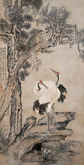 李鱓 1739年作 松鹤延年 立轴 设色纸本