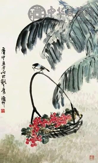 陈秋草 1980年作 樱桃芭蕉 立轴 设色纸本