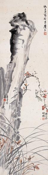 陈摩 墨石螳螂 立轴 设色纸本