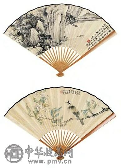 邓散木 游江飞瀑 成扇 设色纸本