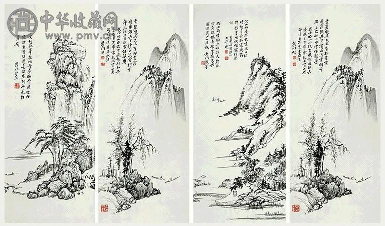 近代 曾熙 山水 四屏