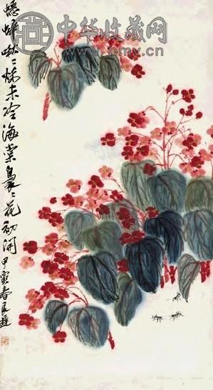 齐良迟 海棠蟋蟀 立轴 设色纸本