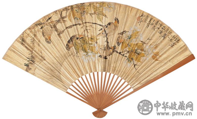 王礼 吴淦 清 李花春燕 行书 成扇 纸本洒金笺