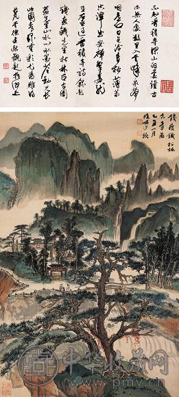钱瘦铁 1985年作 松林古寺图 立轴 绢本