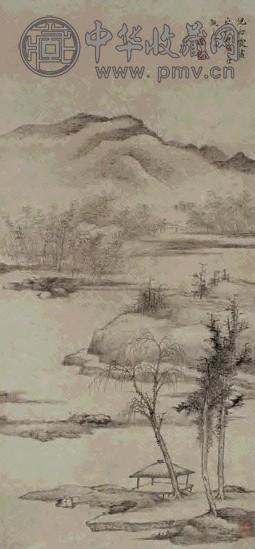 查士标 1680年作 水竹村居图 立轴