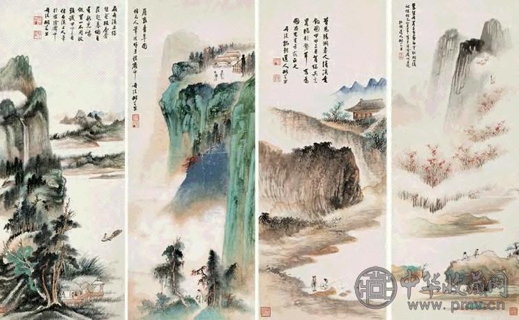 胡若思 1944年作 层峦清壑屏 四屏 设色纸本