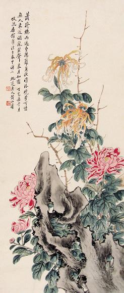 黄山寿 丁巳(1917年)作 菊花 立轴 设色纸本