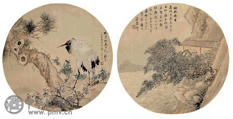 吴榖祥 1901年作 山水 松鹤(3件) 扇面 绢本