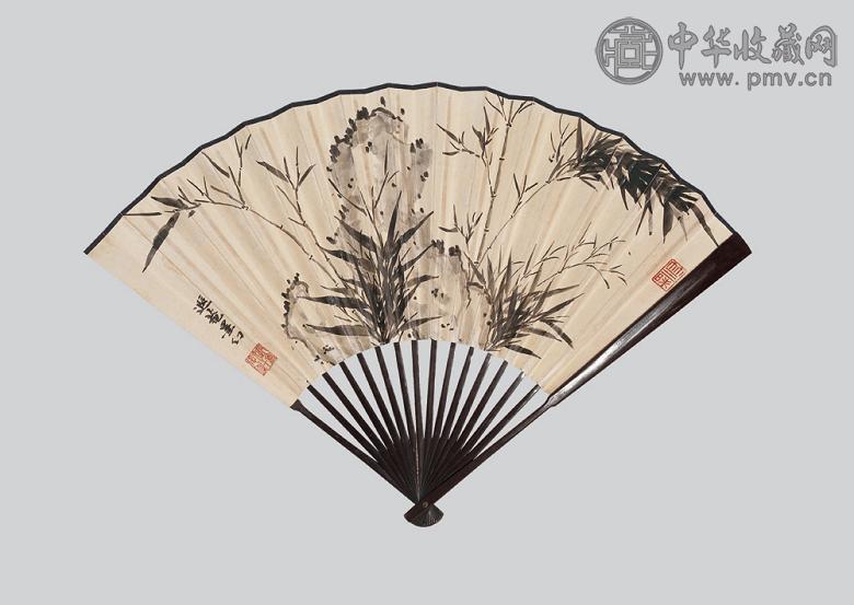 叶恭绰 竹石 书法 成扇 纸本