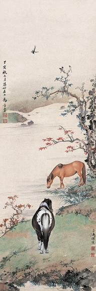 马晋 王雪涛 丁亥(1947年)作 双马图 立轴 设色纸本