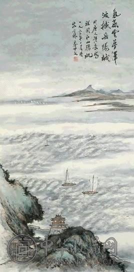 秦仲文 1960年作 岳阳帆影 立轴 设色纸本