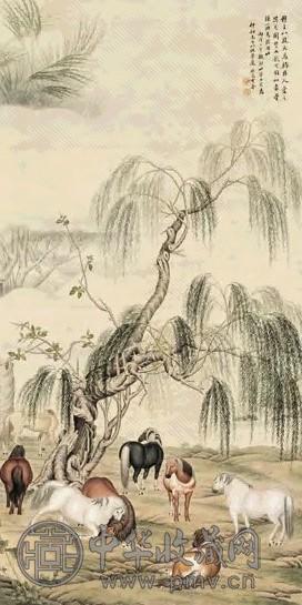 戈湘岚 八骏图 立轴 设色纸本