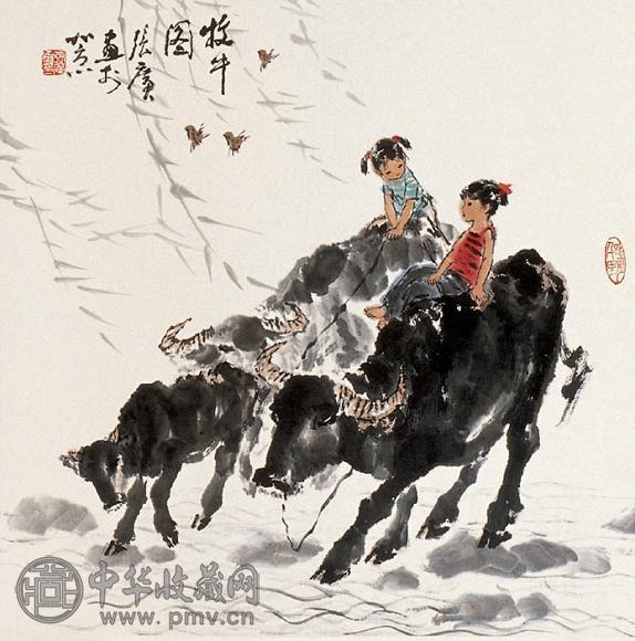 张广 牧牛图 立轴 设色纸本