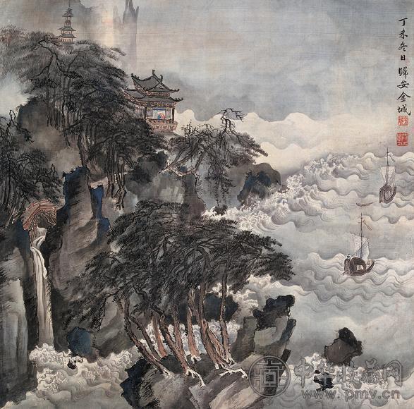 金城 1907年作 归帆图 立轴 设色绢本