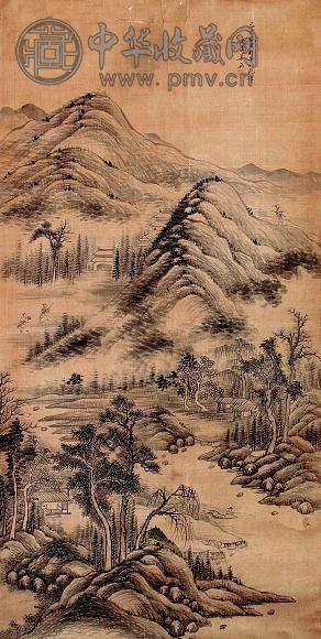 姜筠 山水 镜心 水墨绢本