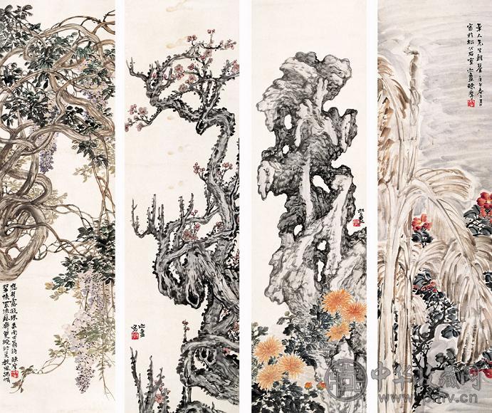 陈摩 花卉 四屏 纸本