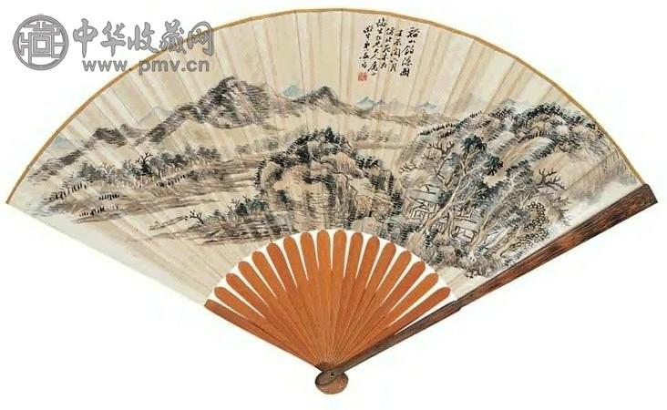 姜筠 1892年作 溪山钓隐图 扇面 设色纸本