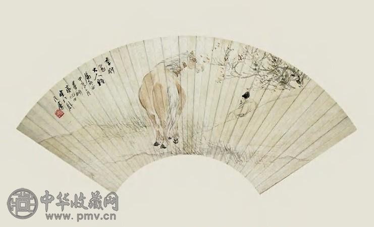 近现代 倪田 人马图 扇片