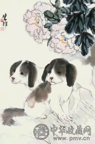 方楚雄 双狗花卉 镜心 纸本