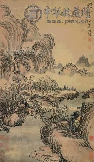 陈洪绶 江深渔村图 立轴 设色绫本