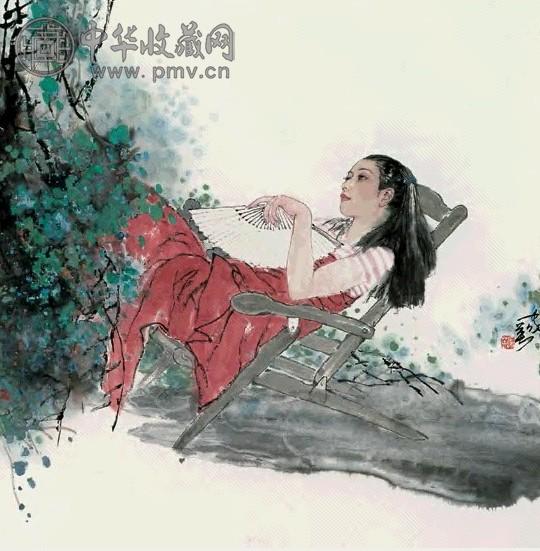 何家英 持扇女图 立轴 设色纸本