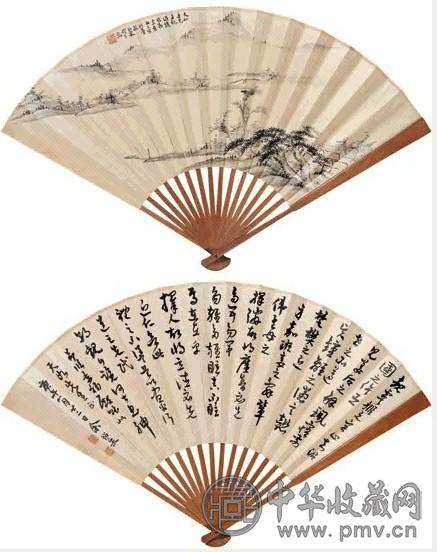 余绍宋 江乡图并章草 成扇 水墨纸本