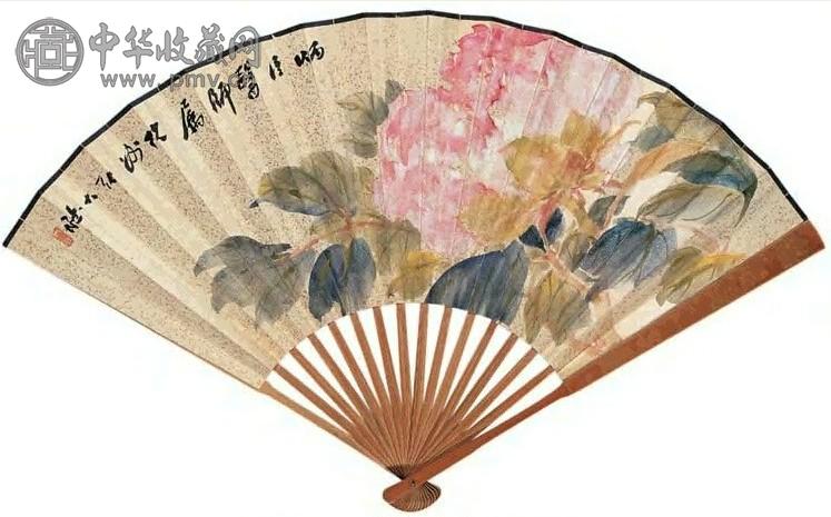 张大壮 牡丹 扇面 设色洒金笺纸