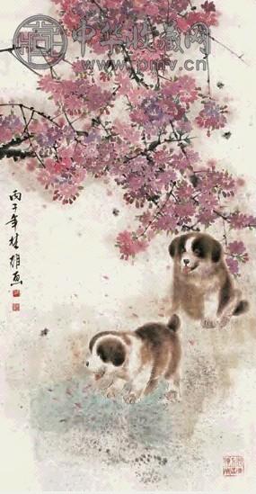 方楚雄 紫藤双狗 镜心 设色纸本