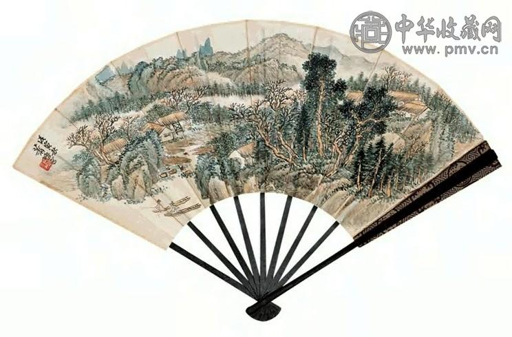 萧谦中 1938年作 密林垂钓 成扇 设色纸本
