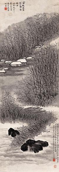 任堇 1923年作 邗沟夜泊图 立轴 水墨纸本